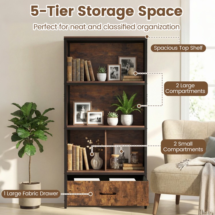 56" tall freestanding bookcase in rustic brown with 5 tiers, featuring a fabric drawer and open compartments for.