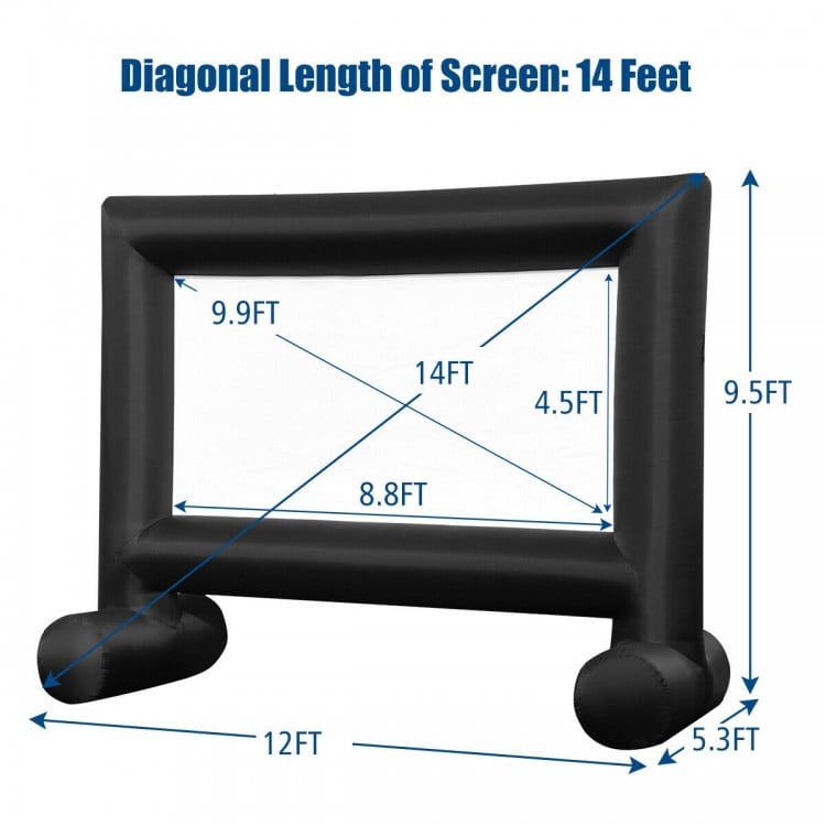 Inflatable outdoor movie projector screen measuring 14 feet, includes ground nails and ropes for stability, ideal for.