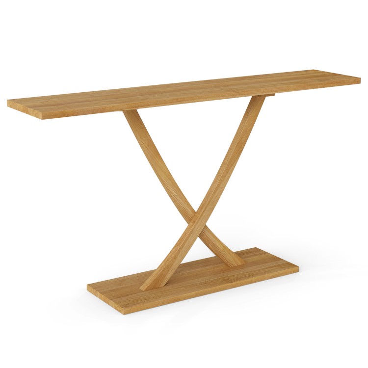 Solid wood console table with a teak frame and geometric design, featuring a 57" tabletop for versatile living space.