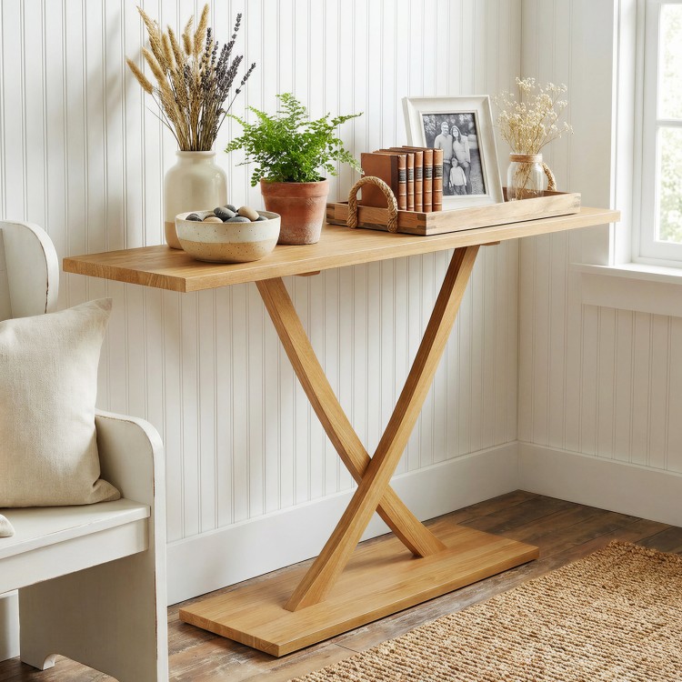 Solid wood console table with a teak frame and geometric design, perfect for living room or hallway use.