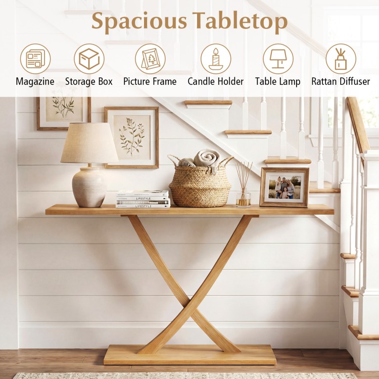 57-inch solid wood console table with teak frame, featuring a spacious tabletop for magazines and decor in a rustic.