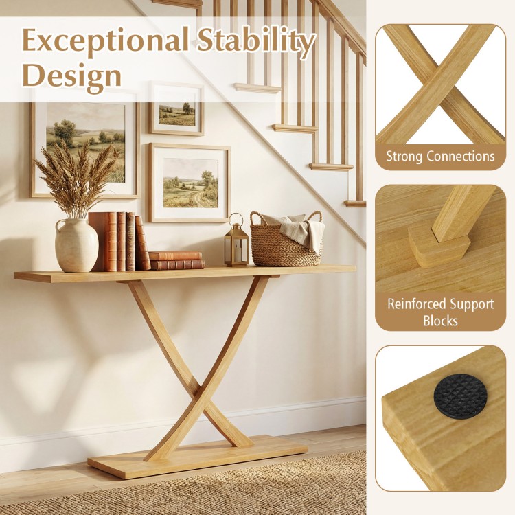 Solid wood console table with teak frame, geometric design, and 57" tabletop for versatile living room use.