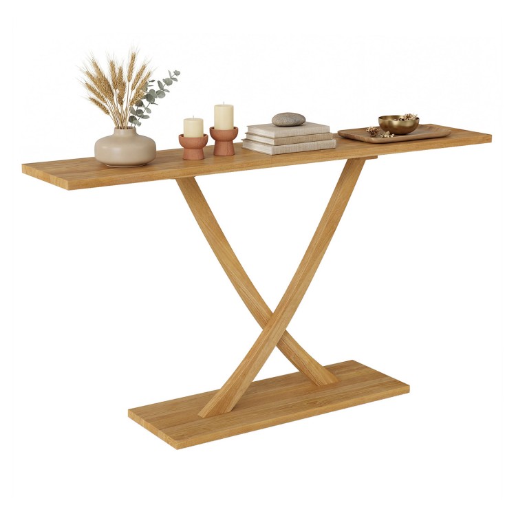 Solid wood console table with a teak frame, showcasing a unique X-base design for enhanced stability in any entryway.