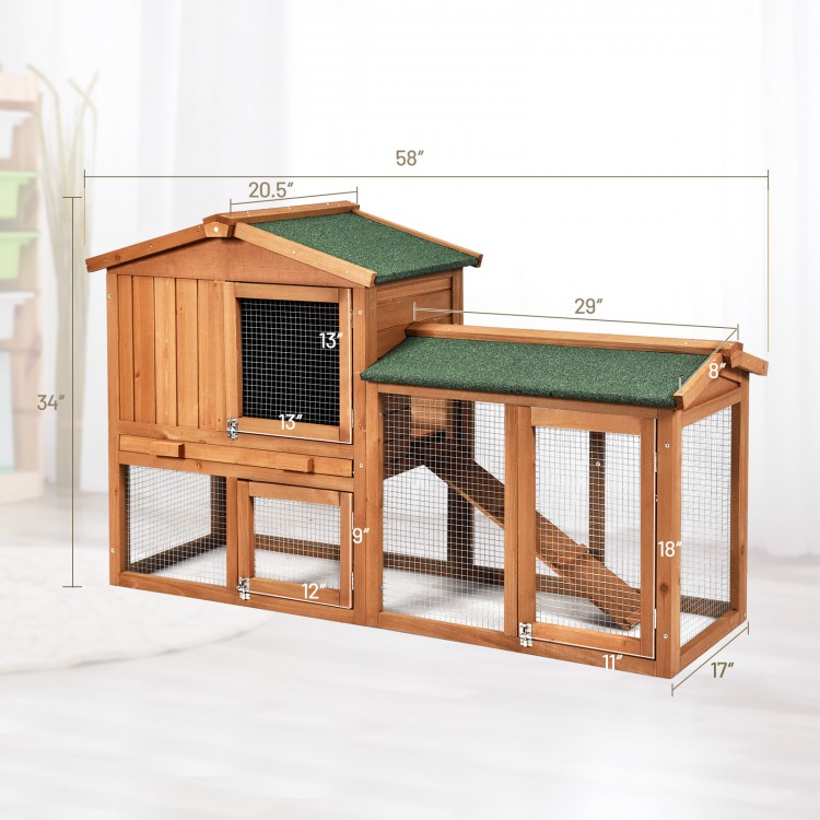 Detailed view of the 58-inch weatherproof wooden rabbit hutch showcasing the spacious downstairs area and lockable.