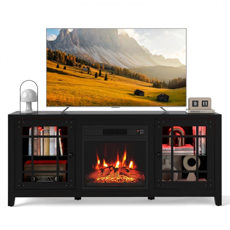 58" black fireplace TV stand featuring an 18" electric fireplace, adjustable shelves, and RGB LED lights for ambiance.