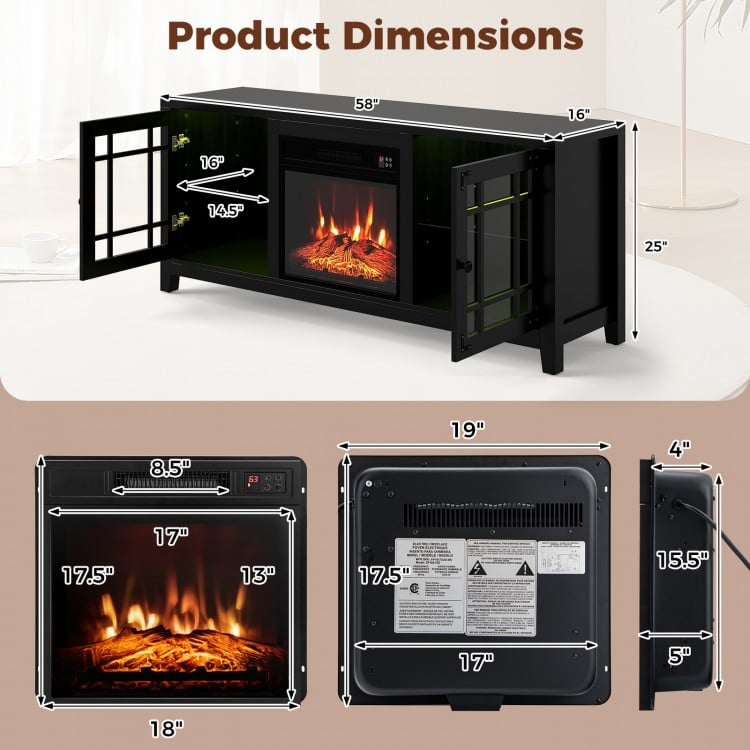 Dimensions of the 58" black fireplace TV stand with electric fireplace, featuring adjustable shelves and LED lights.