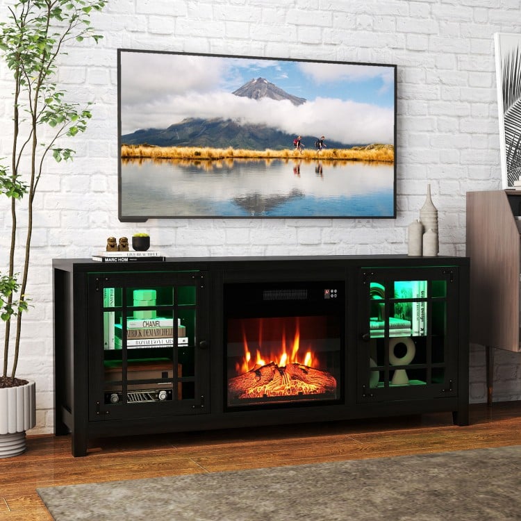 58" black fireplace TV stand featuring LED lights, adjustable shelves, and an 18" electric fireplace for cozy living.