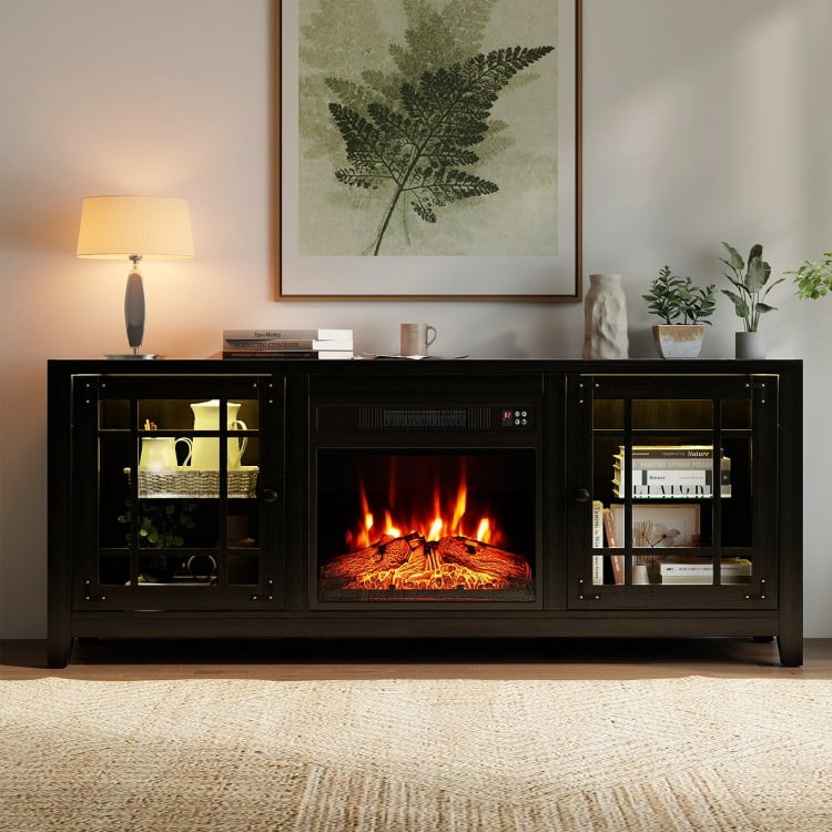 Front view of the 58" black fireplace TV stand showcasing the realistic flame and wood-like surface for a cozy.