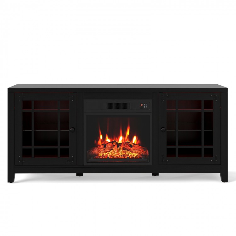Close-up of the realistic flame effect in the 58" black fireplace TV stand, enhancing ambiance with adjustable.