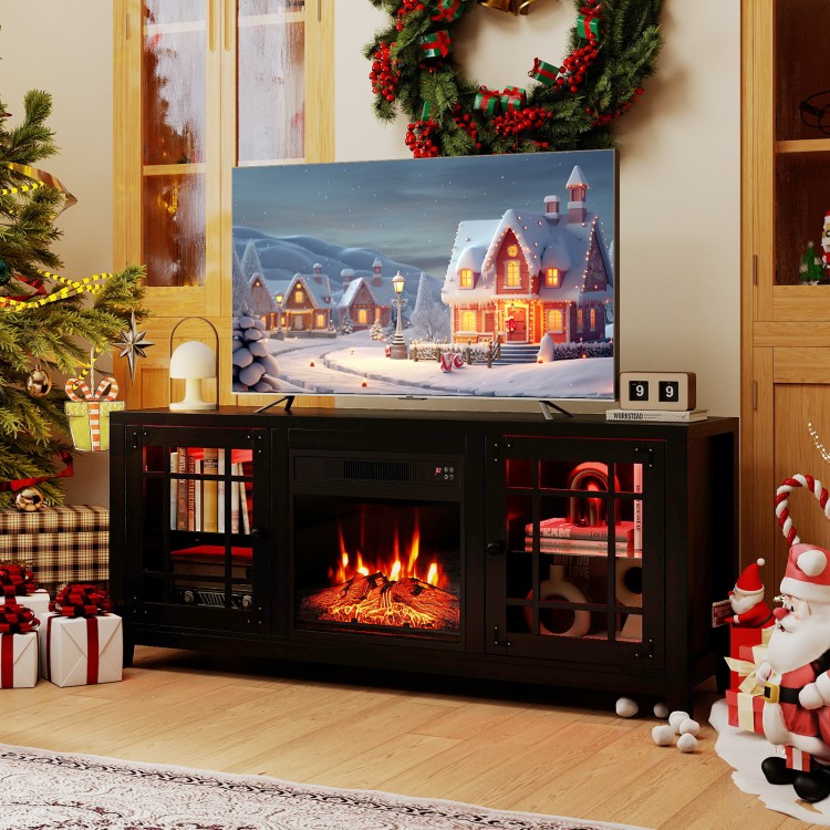 58" black fireplace TV stand with LED lights and electric fireplace, perfect for cozy living room ambiance.