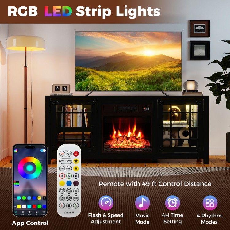 58" black fireplace TV stand with RGB LED strip lights, remote control, and realistic flame for cozy ambiance.