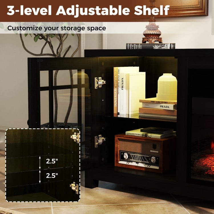 Adjustable shelf detail of the 58" black fireplace TV stand, featuring sturdy construction and customizable storage.