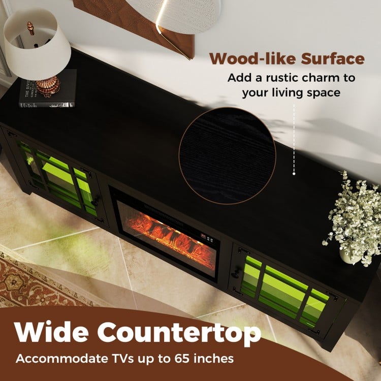 58" black fireplace TV stand with wood-like surface, accommodating TVs up to 65 inches, featuring RGB LED lights.