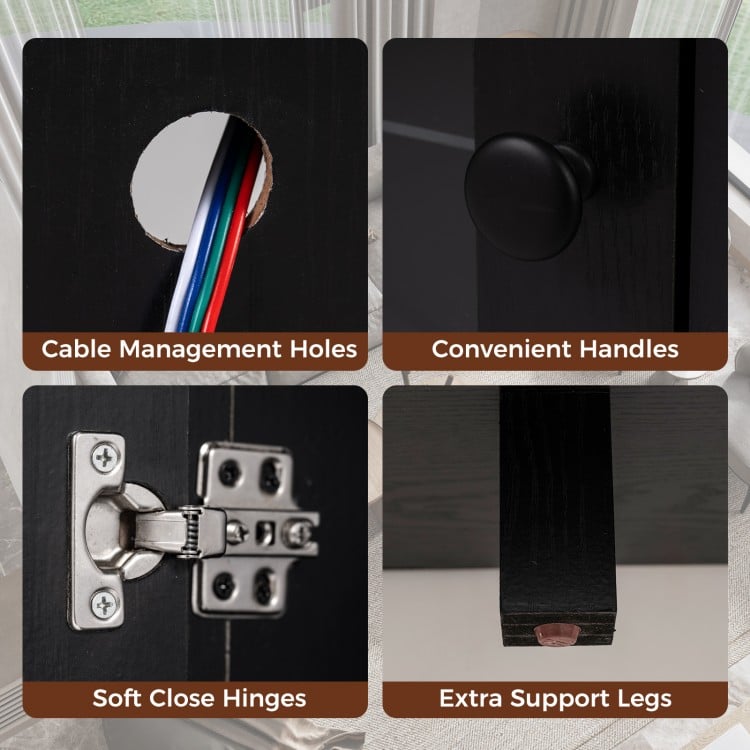 Cable management holes, soft-close hinges, and convenient handles on the 58" black fireplace TV stand for easy use.