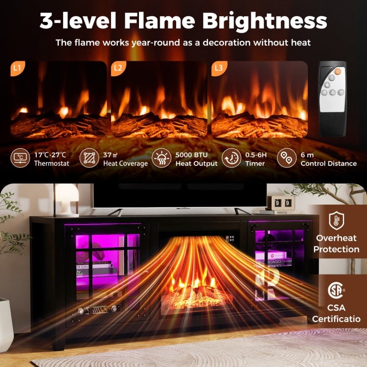 58" black fireplace TV stand featuring an 18" electric fireplace, RGB LED lights, and 3-level flame brightness for.