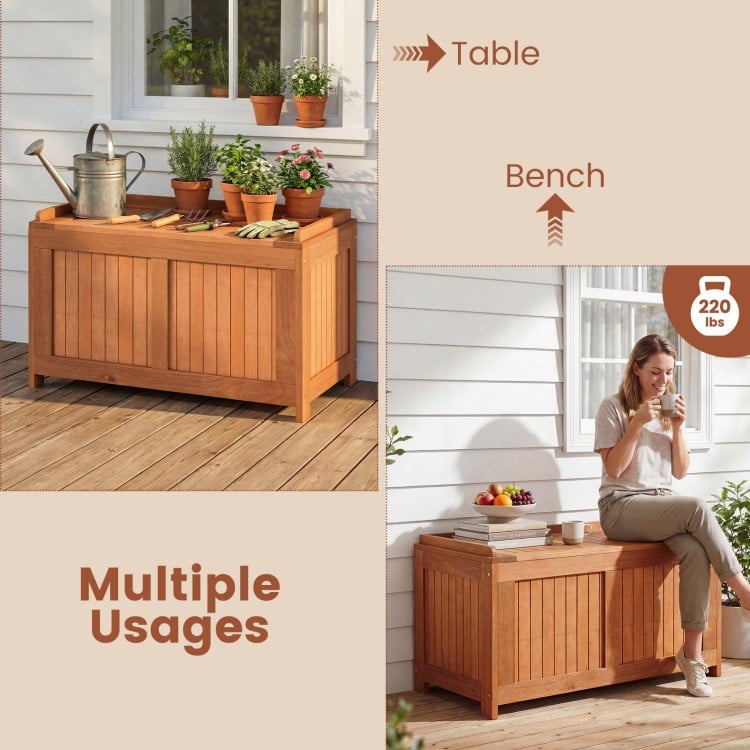 52-gallon patio wood deck box with flip top, functions as storage, bench, or coffee table for outdoor use.