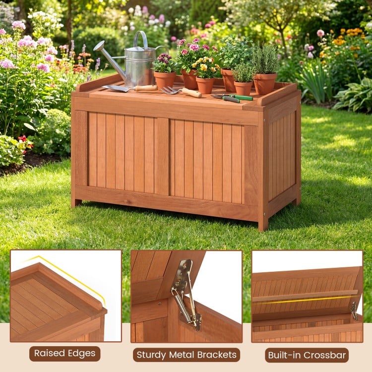 52-gallon patio wood deck box with flip top, ideal for cushions and garden tools, shown in a garden setting.