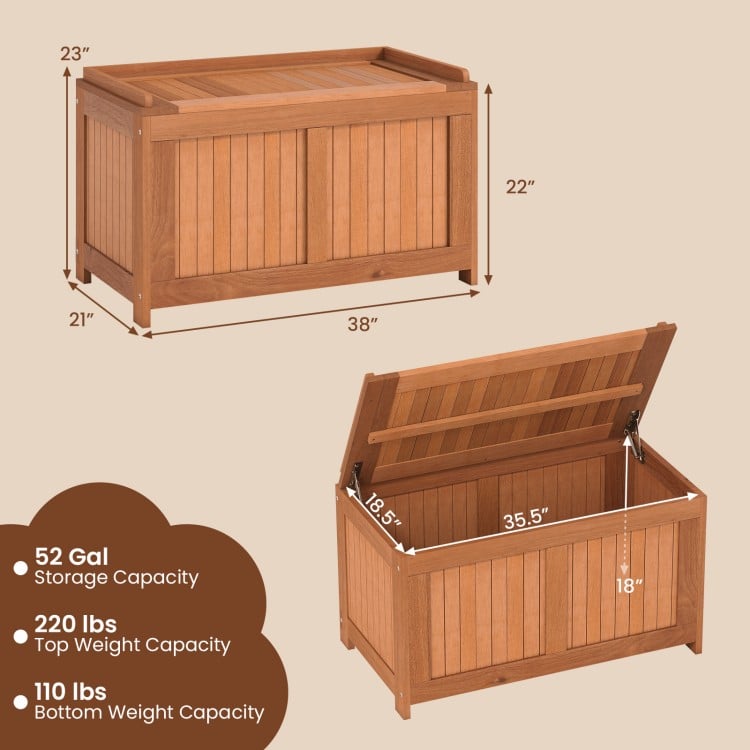 52-gallon patio wood deck box with flip top, ideal for cushions and outdoor storage, featuring a teak-oil coated.