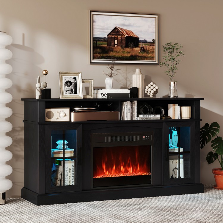 58-inch black fireplace TV stand featuring RGB LED lights, glass doors, and storage cabinets, perfect for modern living.