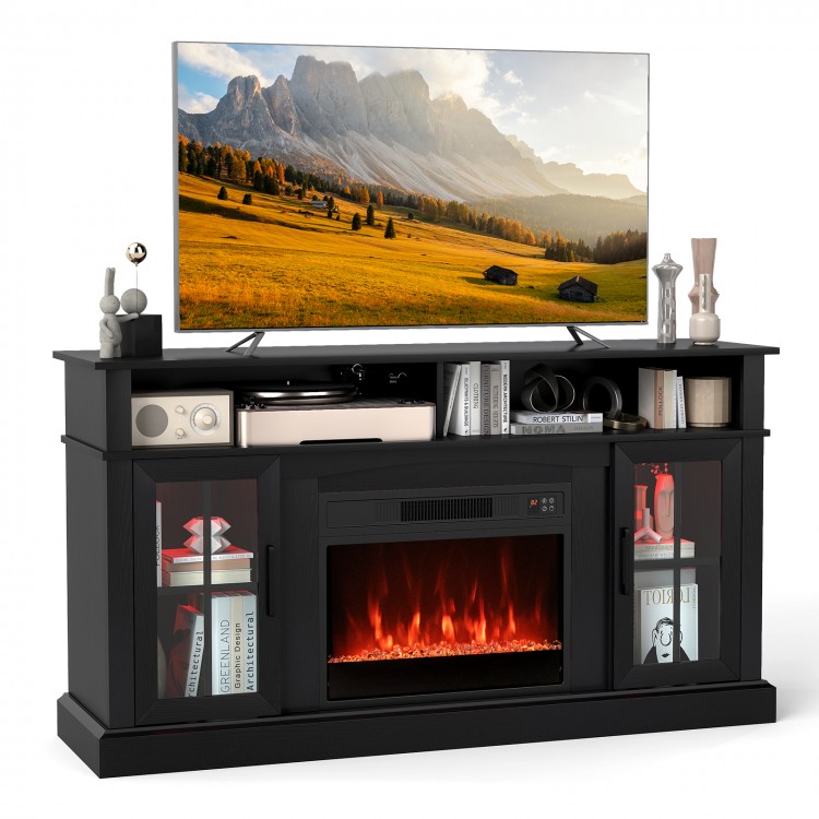 58-inch black fireplace TV stand with LED lights, glass doors, and storage cabinets, perfect for TVs up to 65 inches.