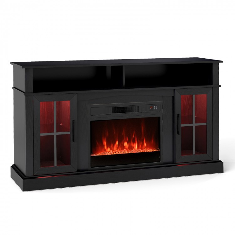58-inch black fireplace TV stand with LED lights, glass doors, and storage cabinets for TVs up to 65 inches.