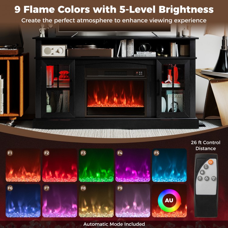 58-inch black fireplace TV stand with LED lights, featuring 9 flame colors and storage cabinets for stylish.