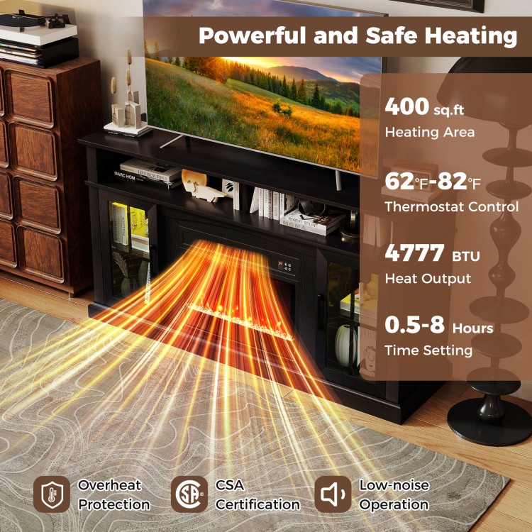 58-inch black fireplace TV stand with LED lights, adjustable shelves, and 4777 BTU heating for cozy living spaces.