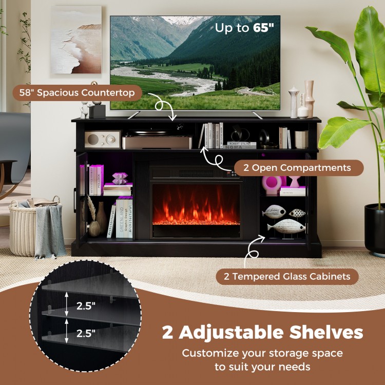 58-inch black fireplace TV stand with LED lights, adjustable shelves, and tempered glass cabinets for stylish storage.