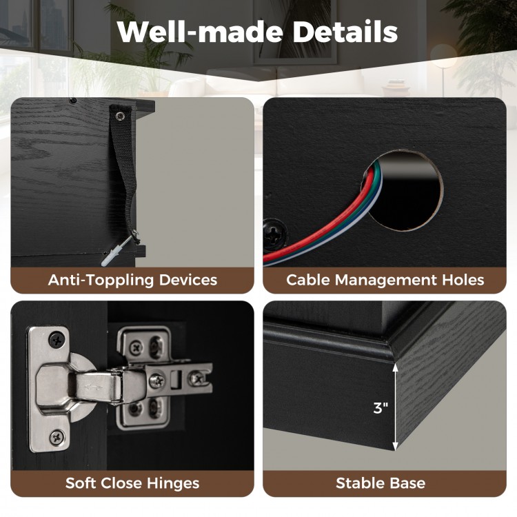 Detail view of the 58-inch black fireplace TV stand showcasing soft close hinges, cable management holes, and.