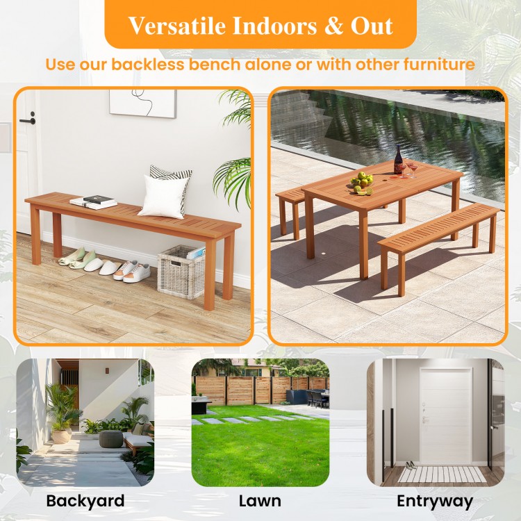 Backless wooden bench with teak oil finish, 59 inches long, suitable for outdoor patio or indoor entryway use.