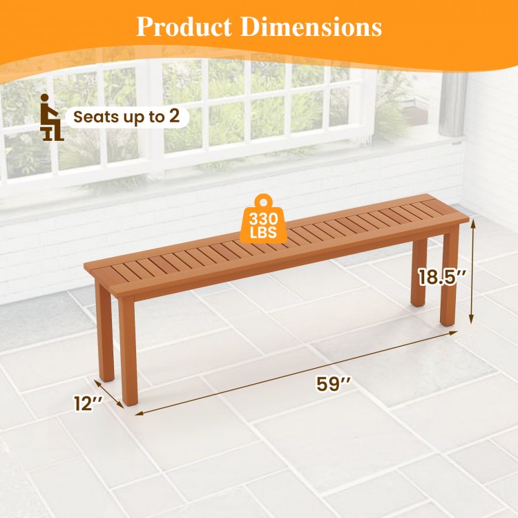 Backless wooden bench with teak oil finish, 59 inches long, seats 2, ideal for outdoor patios and balconies.