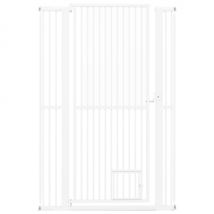 Extra tall 59” white metal pet gate with wide opening, suitable for doorways, featuring a small door for easy pet.