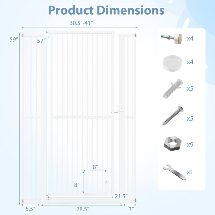 59” extra tall white metal pet gate dimensions with wide opening, suitable for doorways and easy to install.