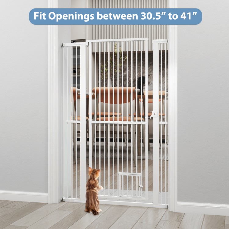Extra tall 59" white metal pet gate with wide opening, fitting openings 30.5" to 41", ideal for doorways and kitchens.