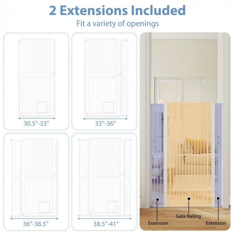 Extra tall 59” white metal pet gate with two extensions, fitting openings from 30.5" to 41", ideal for doorways.
