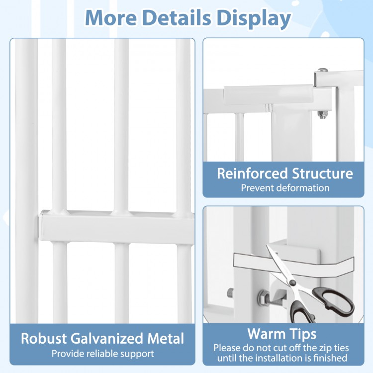 Extra tall 59” white pet gate made of robust galvanized metal, featuring a reinforced structure for added safety.