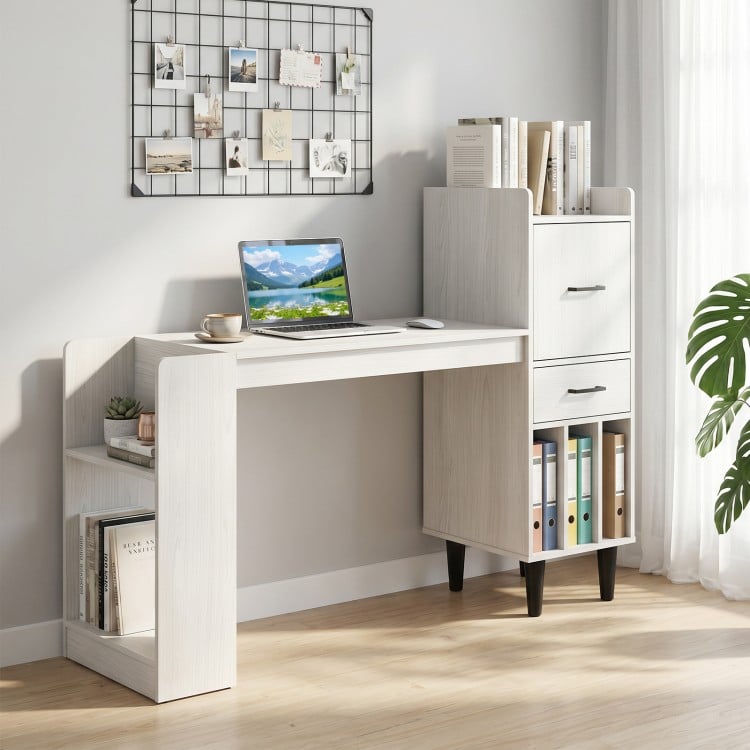 Home office desk in white with side storage shelves and drawer cabinets, ideal for writing or gaming in any room.
