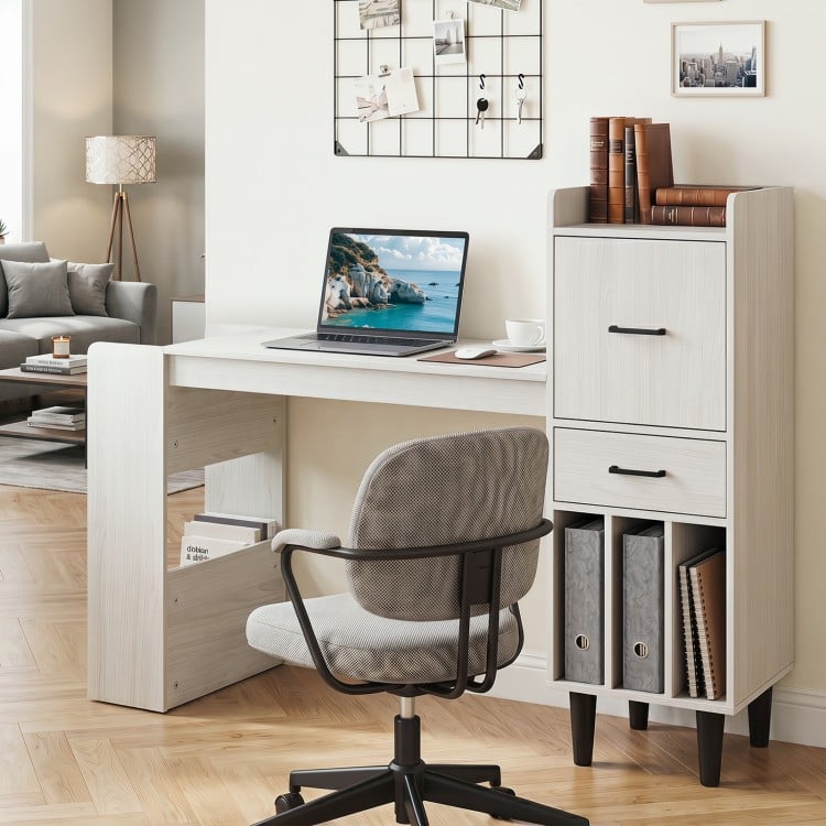 Home office desk with a white wood-textured finish, featuring side storage shelves, drawer cabinets, and ample workspace.