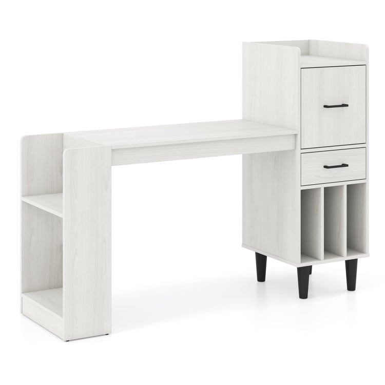 Modern 59" home office desk in white with side storage shelves, drawer cabinets, and ample legroom for comfortable use.