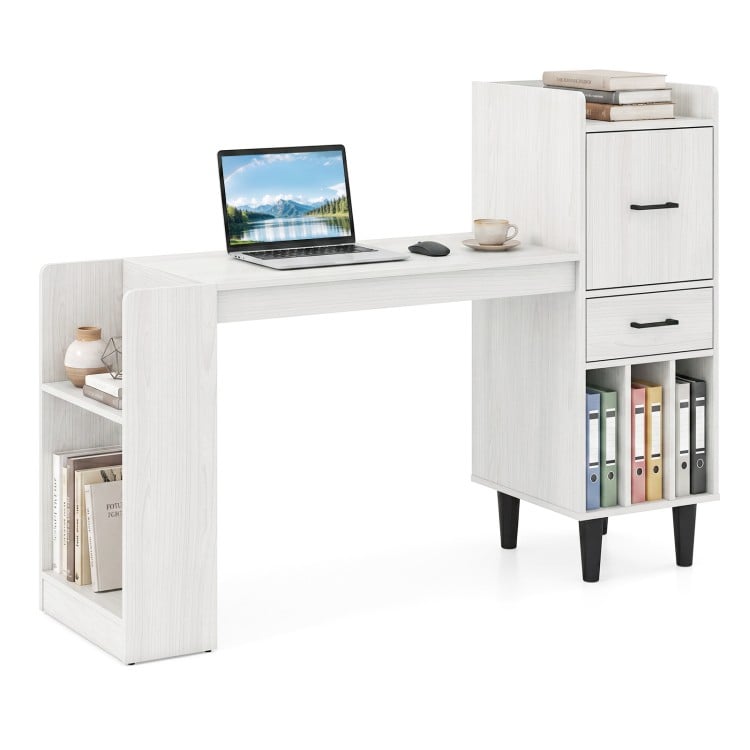 Home office desk in white with 36" wood-textured top, side storage shelves, and drawer cabinets for organized workspace.