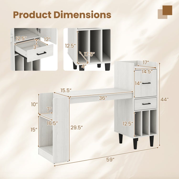 Dimensions of the 59" white home office desk with side storage shelves and drawer cabinets for organized workspace.