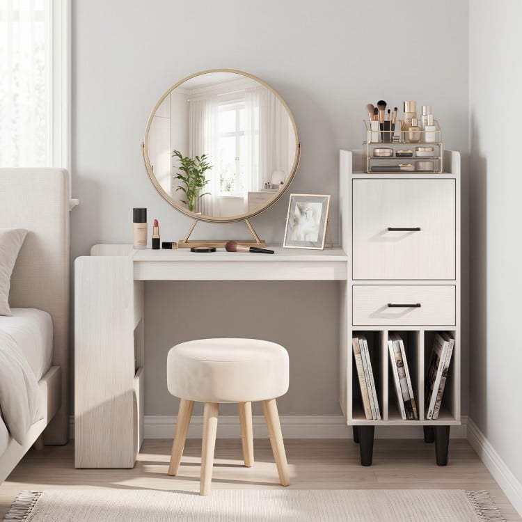 Home office desk with a white wood-textured top, side storage shelves, and drawer cabinets for organized workspace.