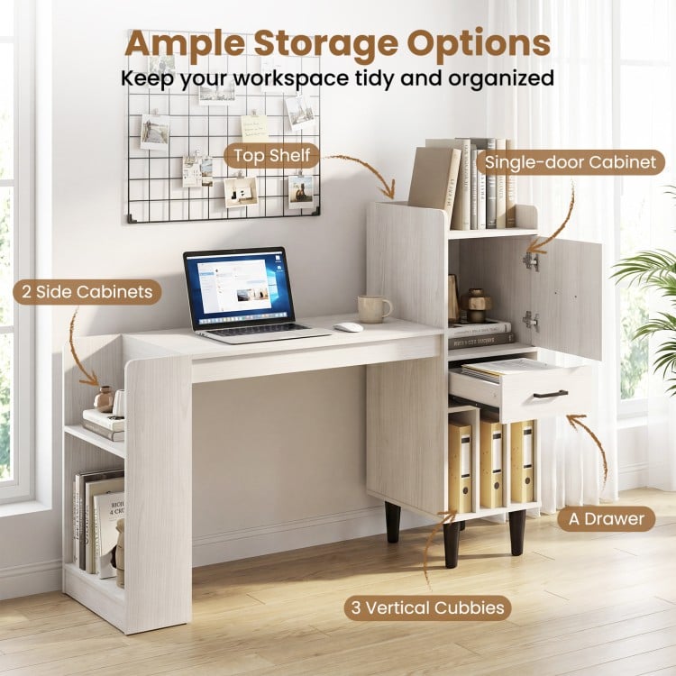 Home office desk with a 36" wood-textured top, side storage shelves, drawer cabinets, and 3 vertical cubbies for organization.