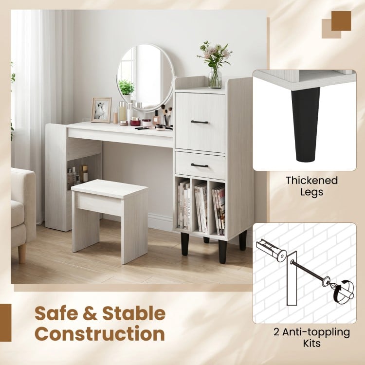 Home office desk with a 36" wood-textured top, side storage shelves, and anti-toppling kits for stability in white finish.