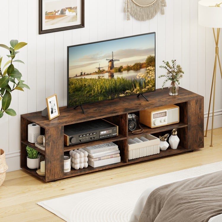 Walnut 59-inch TV stand with eight open storage spaces, perfect for organizing media equipment and decor in living.