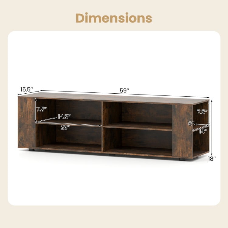 Dimensions of the 59-inch walnut TV stand with open storage, showcasing three layers and cable management holes.