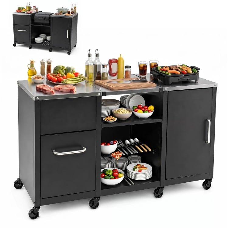 Outdoor grill table with stainless steel top, 2 removable shelves, and storage cabinets for versatile outdoor cooking.