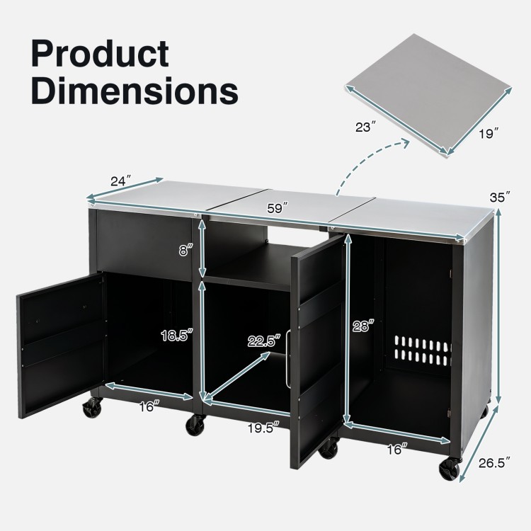 59" outdoor grill table featuring a stainless steel top, two removable shelves, and three cabinets for versatile storage.