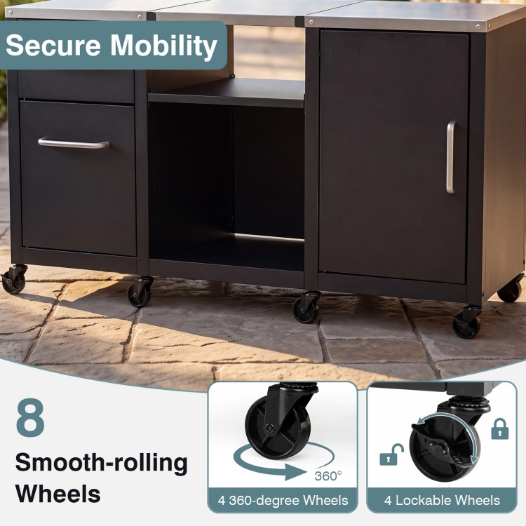 Outdoor grill table with stainless steel top, 2 removable shelves, and 8 smooth-rolling wheels for easy mobility.
