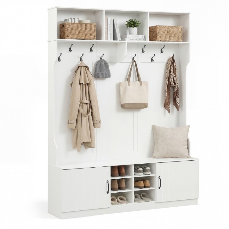 Hall tree with bench and storage in white, featuring hooks, cubbies, and adjustable shelves for organized entryway use.